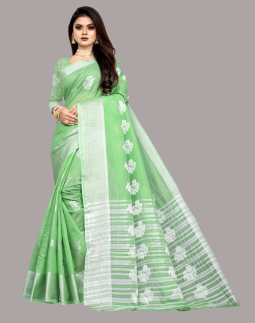 green colour saree with silver border