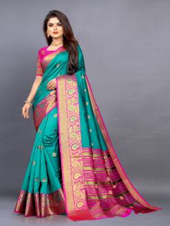 bottle green saree with contrast blouse