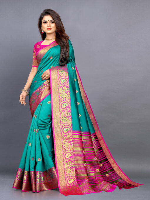 bottle green saree with contrast blouse