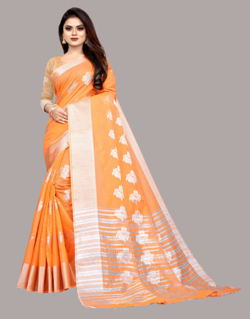 orange with silver border silk saree