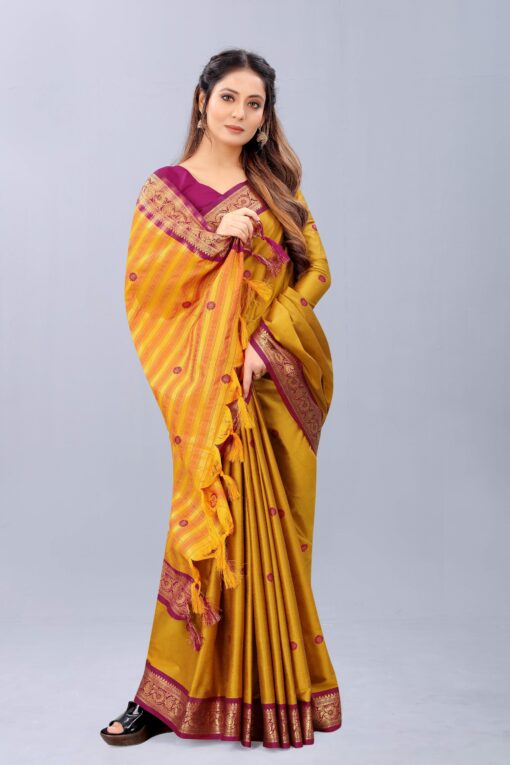 cotton yellow saree with red border