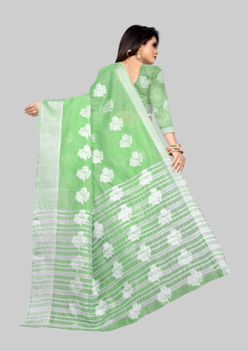 bottle green saree with contrast blouse