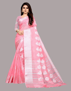 pink colour cotton saree with silver border