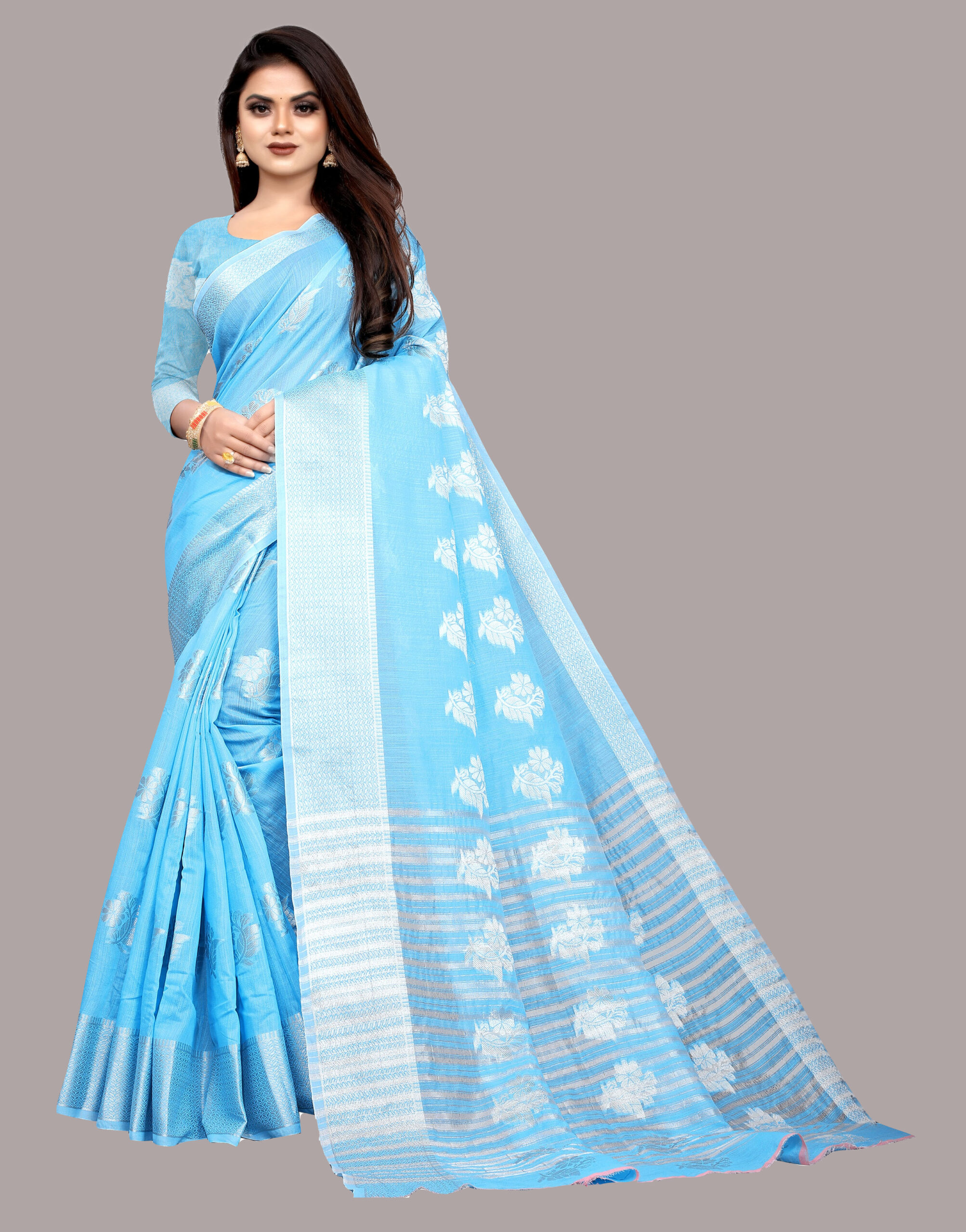 Handwoven Semi Silk Saree With Jaal Design & Silver Zari Border-Sky Bl