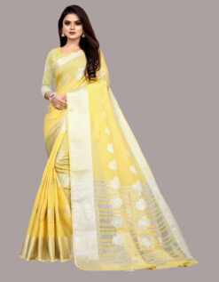 yellow silk cotton saree with silver border