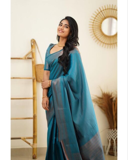 teal blue kanjivaram saree