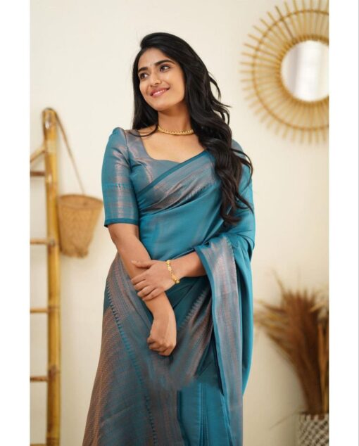 plain teal blue saree