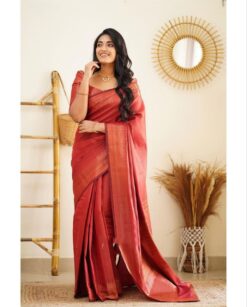 Tomato red saree with gold border