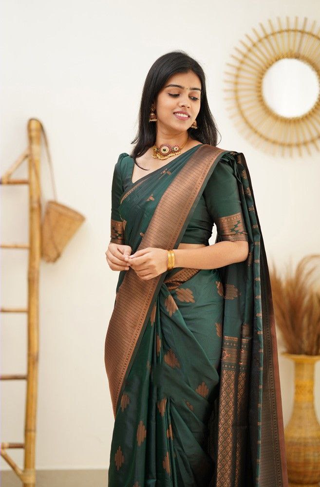 Elegant and Luxurious Cotton Soft Silk Green Saree Ved Tex